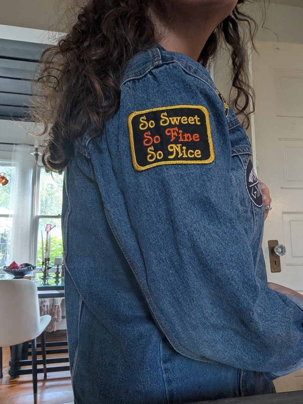 Denim Patch Jacket - Blue Casual Women's Coat - Picture 3 of 6